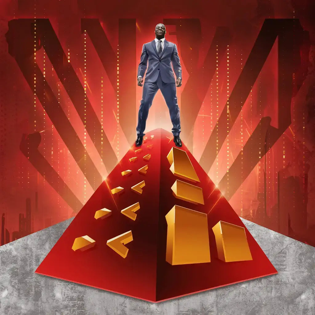 Business figure in suit atop red and gold pyramid symbolizing growth mindset culture.