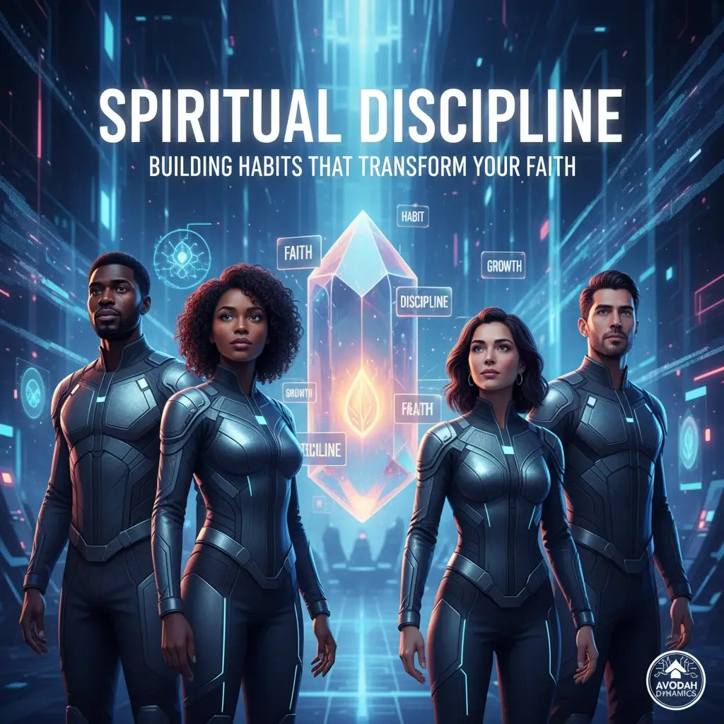 Futuristic black and blue suit with glowing accents for spiritual discipline