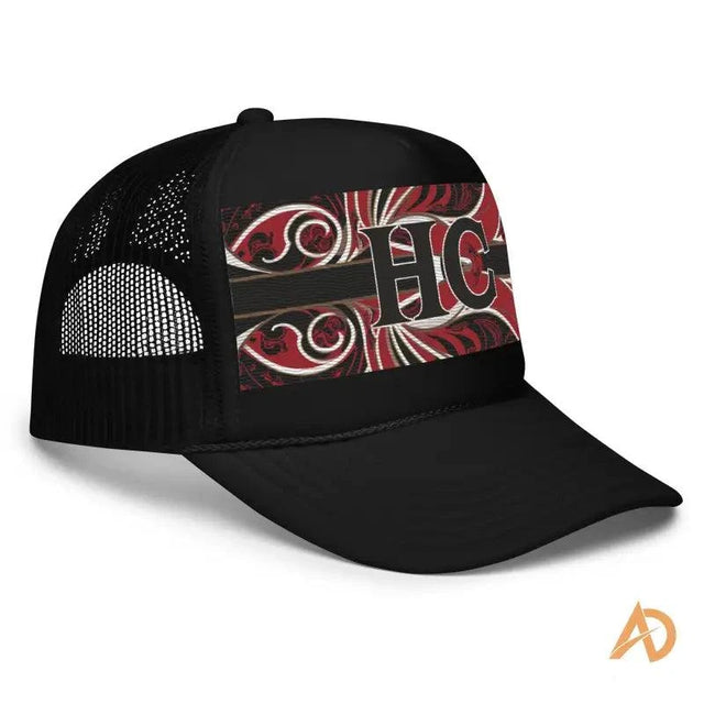 Foam trucker hat by Hustle Culture with red tribal design and mesh back panel