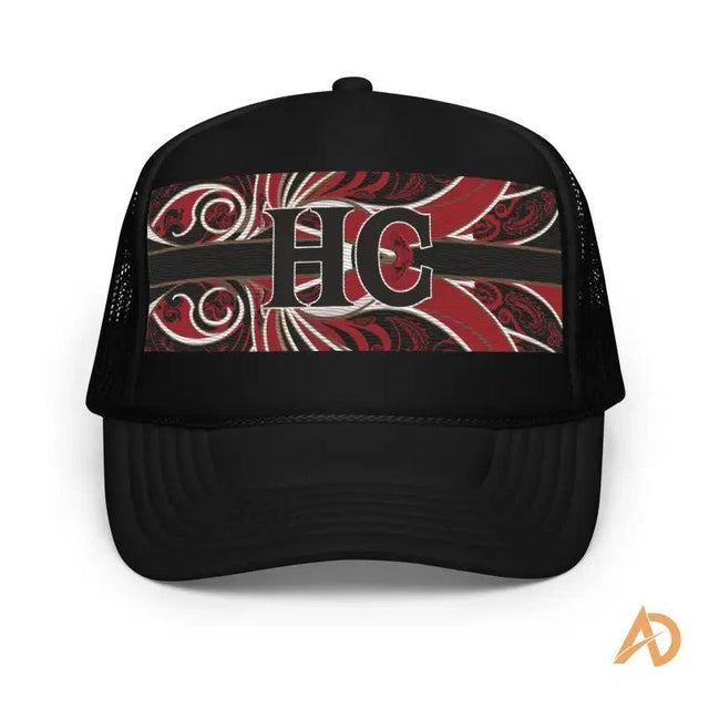 Black foam trucker hat with FIC text on red and black design by Hustle Culture