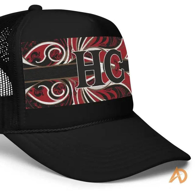 Black Foam Trucker Hat featuring red and white tribal-style HC design by Hustle Culture