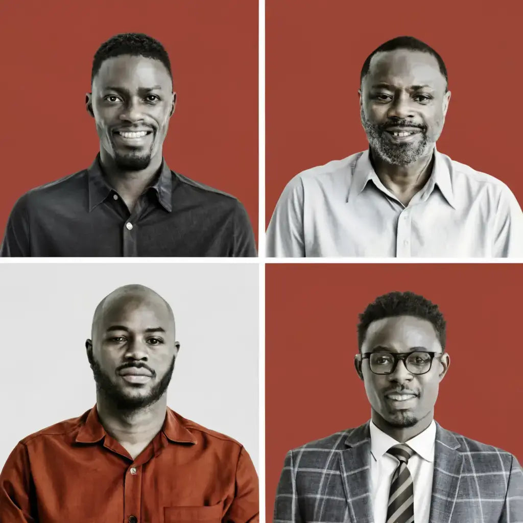 Headshot portraits of Black entrepreneurs against red and gray backgrounds.