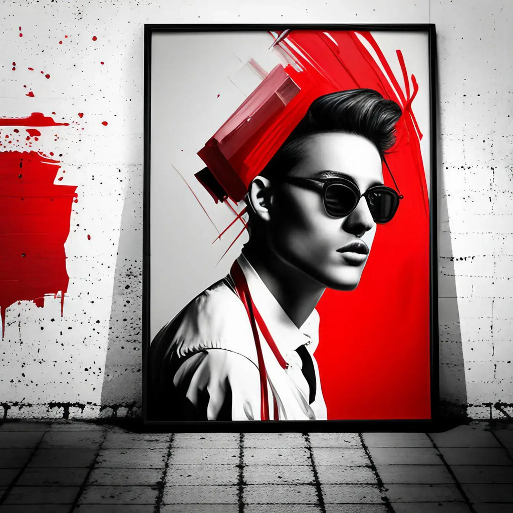 Framed black and white portrait with red paint splash symbolizing harnessing hustle culture for professional growth.