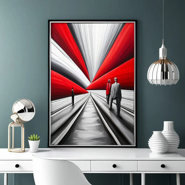 Framed modern art illustrating silhouetted figures in a red and black geometric tunnel.