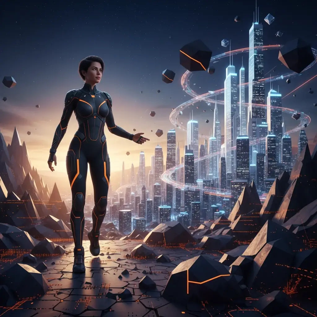 Futuristic black and orange suit with glowing accents symbolizing Hebrew concept of spiritual endurance