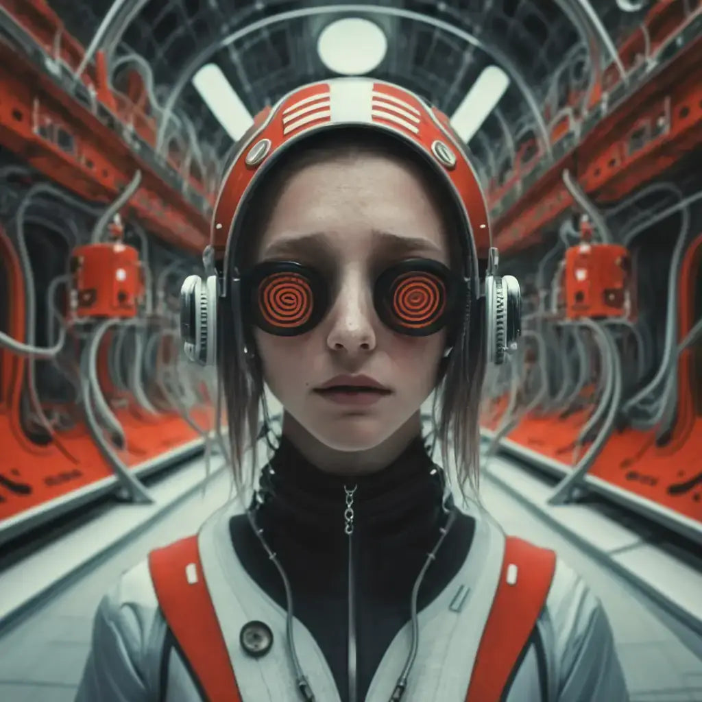 Futuristic figure with spiral goggles and cyberpunk headset embodying emotional intelligence in hustle culture