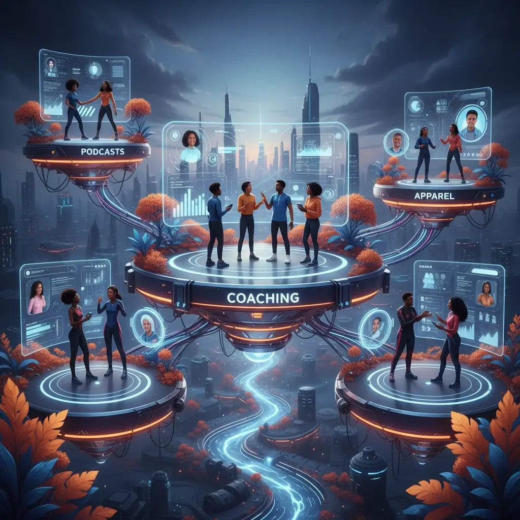 Futuristic floating platform with neon lights, avodah dynamics, and spiritual disciplines.