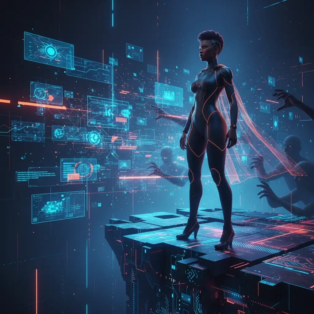 Futuristic metallic bodysuit with neon accents in Avodah Dynamics Christian lifestyle