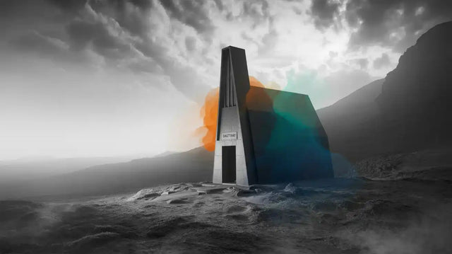 Futuristic pyramid-shaped tower with orange and green accents, metallic surface.