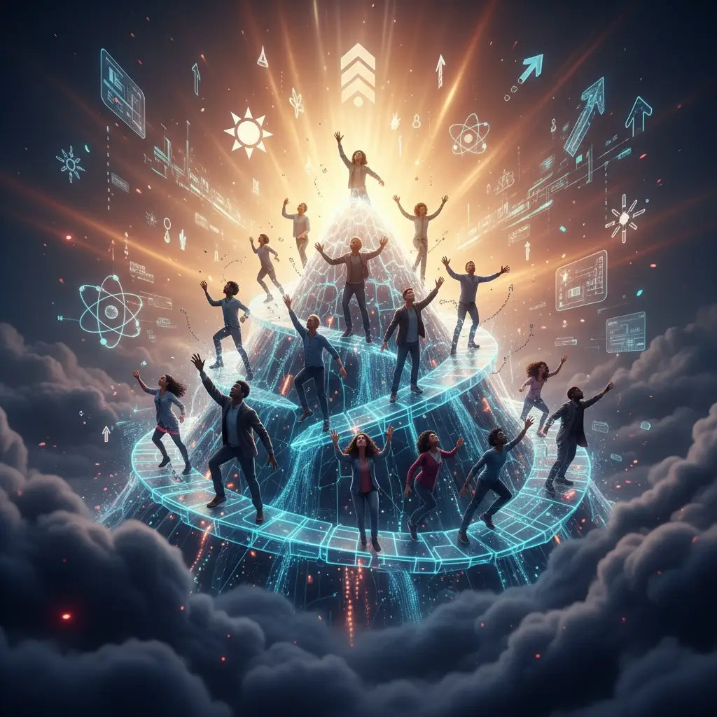 Futuristic pyramid with avodah dynamics, glowing lights and spiritual disciplines