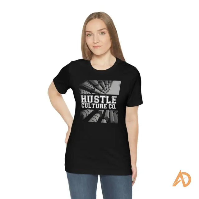 Woman showcasing Futuristic Streetwear Tee from Hustle Culture featuring the word hut