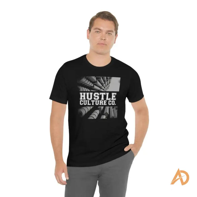 Man in black tee featuring Hustle Culture for futuristic streetwear by Andreas Sturmfels