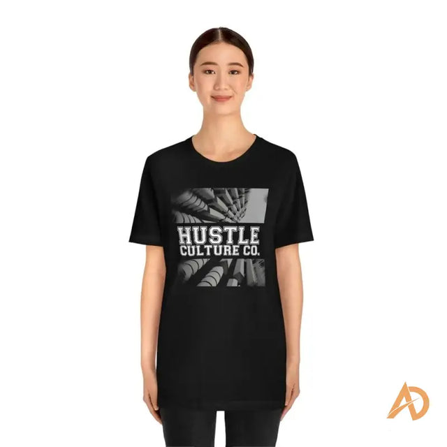 Woman showcasing a Futuristic Streetwear Tee from Hustle Culture by Andreas Sturmfels