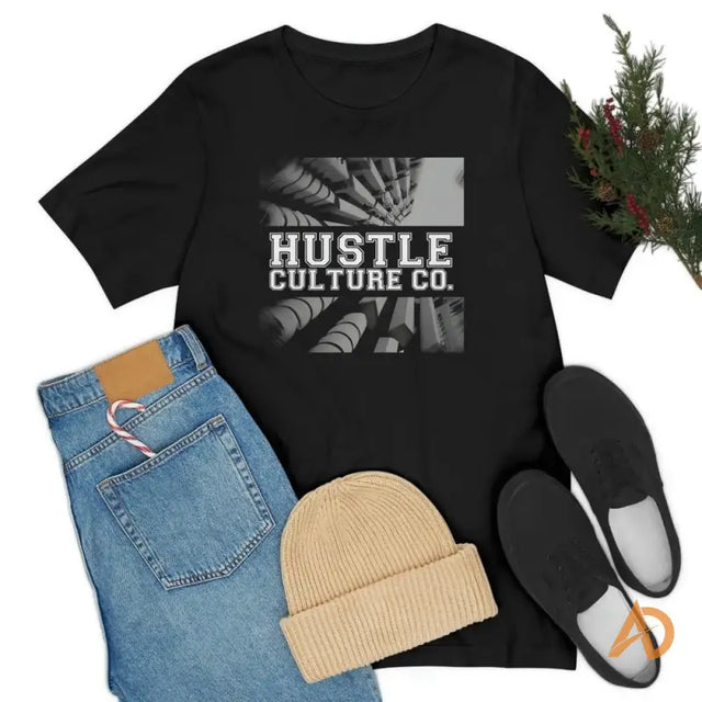 Futuristic Streetwear Tee from Hustle Culture featuring black shirt with Hut Culture design