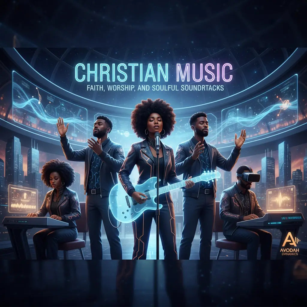 Futuristic blue guitar with glowing strings in soulful soundtracks for worship leaders