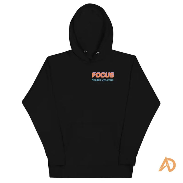 Galaxy Focus Hoodie by Avodah Dynamics with neon text on black fabric