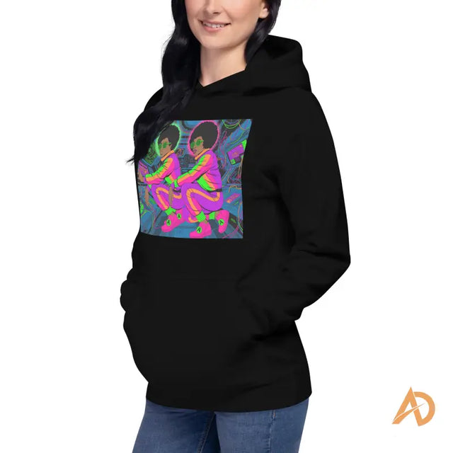 Avodah Dynamics Galaxy Focus Hoodie in black with vibrant graphic figuresWoman in black hoodie with neon graphic of person with afro in futuristic setting, AD logo visible