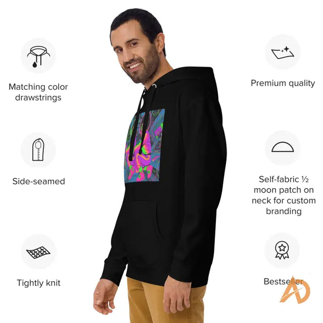 Galaxy Focus Hoodie by Avodah Dynamics: black hooded sweatshirt with colorful abstract chest designMan in a premium black hoodie with colorful graphic, matching drawstrings, and custom branding patch.