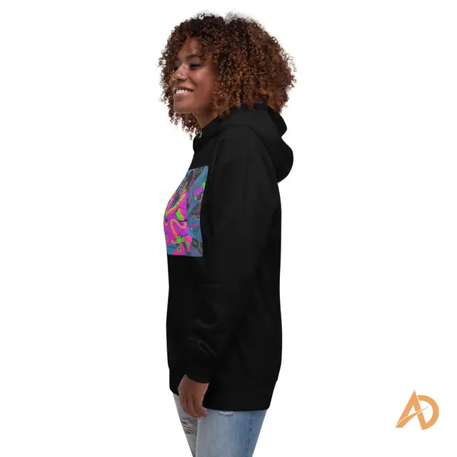 Galaxy Focus Hoodie by Avodah Dynamics: black cotton sweatshirt with colorful abstract designYoung woman in black hoodie with colorful print and blue ripped jeans, smiling confidently