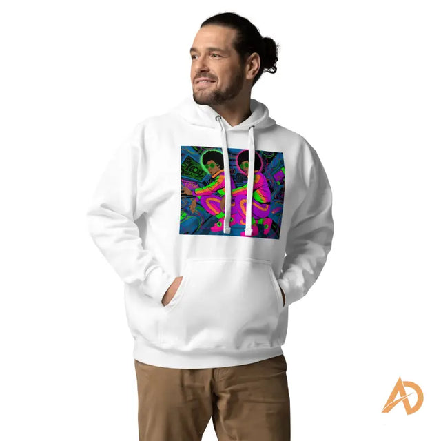 Galaxy Focus Hoodie by Avodah Dynamics: white with neon space graphicBearded man in a white hoodie with psychedelic graphic of squatting person, neon shapes, and dollar bills.