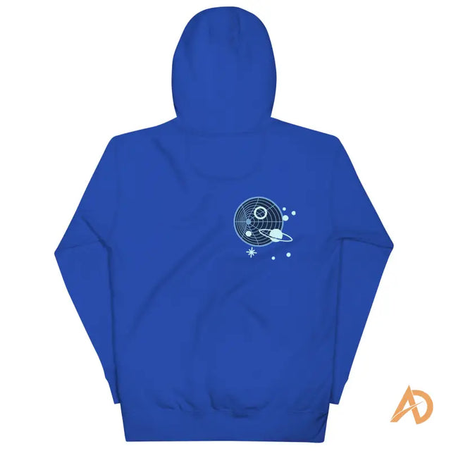 Royal blue Galaxy Forward Hoodie with space planets and stars designBlue hooded sweatshirt with planets and stars graphic on upper left back and orange AD logo at bottom right.