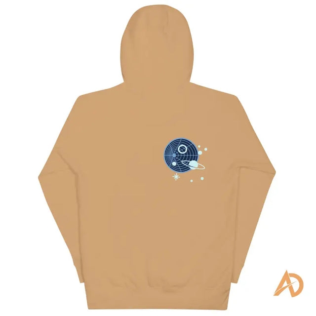 Galaxy Forward Hoodie in black cotton with space-themed planets and stars on back