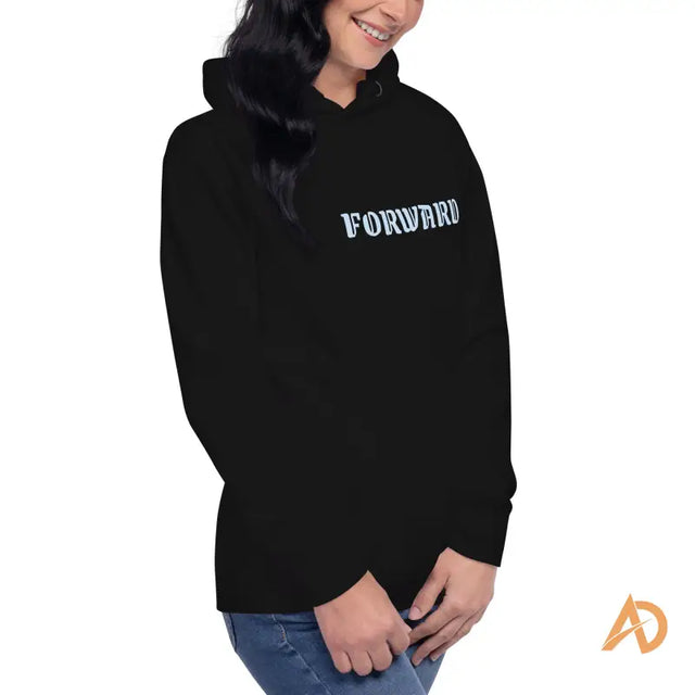 Black Galaxy Forward Hoodie with forward text design on cotton-polyester blendWoman in black hoodie with 'FORWARD' in light blue, representing faith-based leadership and purpose.