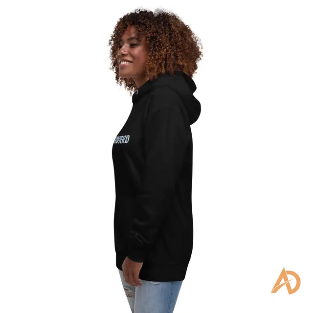 Black Galaxy Forward Hoodie with white text design on cotton, unisexSmiling woman in black WARD hoodie and light blue ripped jeans, posing in front of orange AD logo.