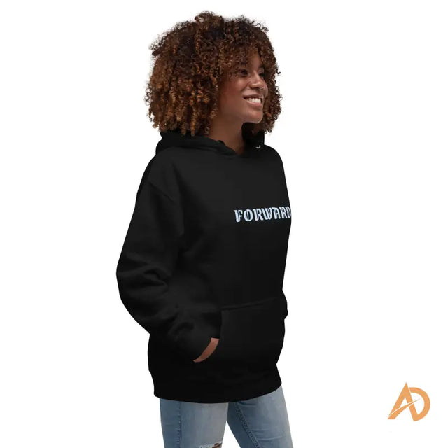 Black Galaxy Forward Hoodie with forward text design in cotton-polyester blendSmiling woman in black hoodie with 'FORWARD' text, wearing ripped jeans, symbolizing motivation.