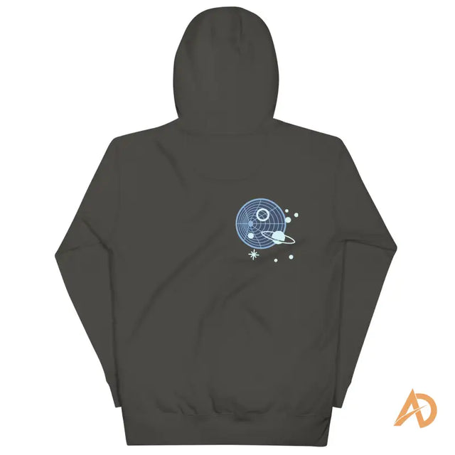 Charcoal gray Galaxy Forward Hoodie with space planets and stars graphic