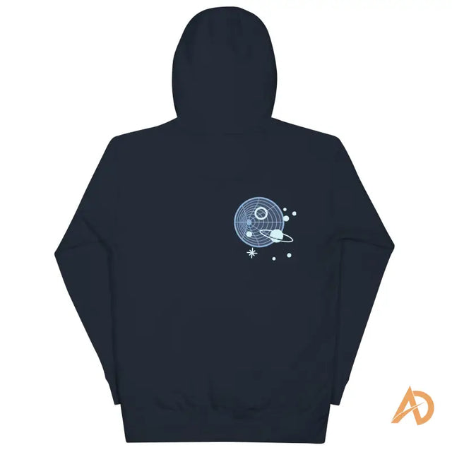 Navy blue Galaxy Forward Hoodie with space-themed planets and stars