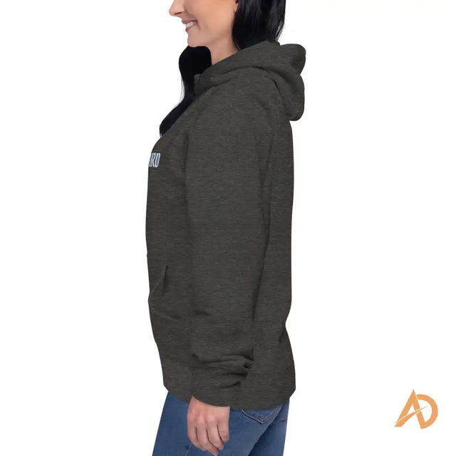 Galaxy Forward olive green fleece hoodie with hood and zipperSmiling woman in dark gray hoodie and blue jeans with 'AD' logo in orange, exemplifying casual comfort.