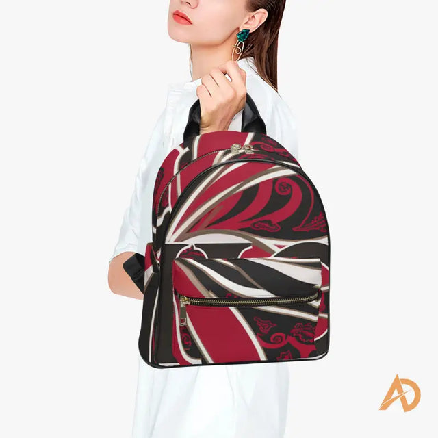 Stylish Geometric Signature Paisley Backpack in bold red, black, and white pattern design