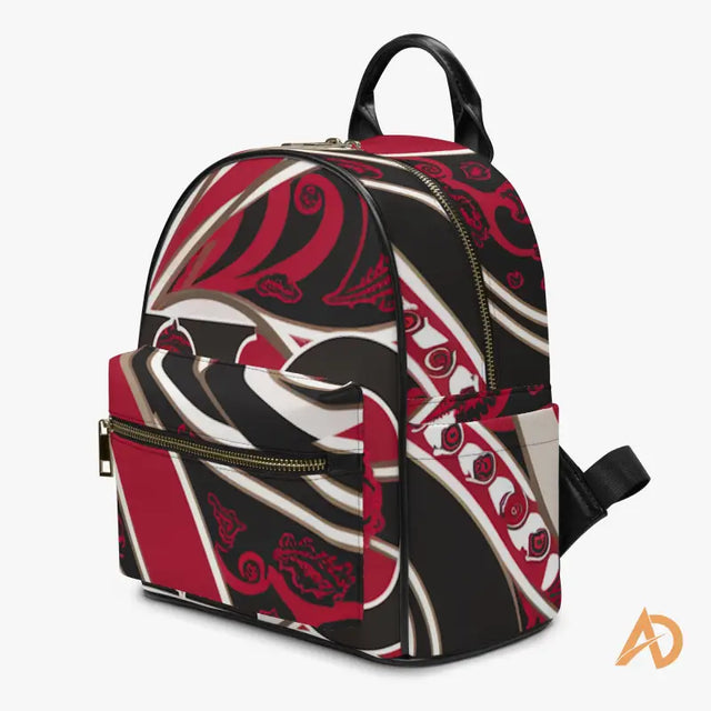 Stylish Geometric Signature Paisley Backpack featuring red, black, and white swirl design