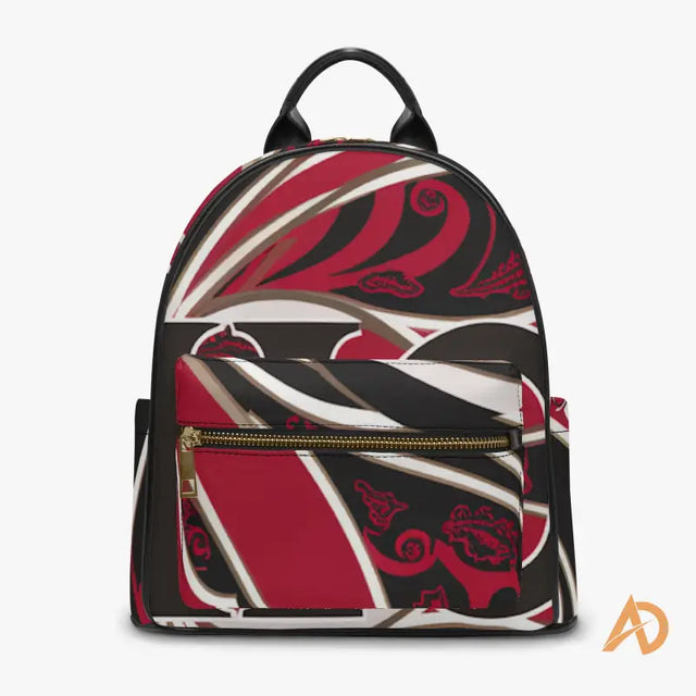 Stylish Signature Paisley Backpack featuring a red, black, and white abstract pattern