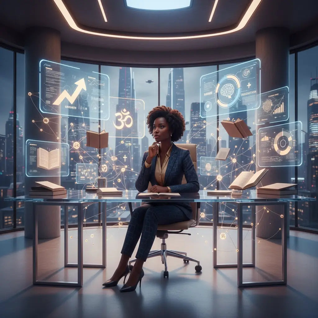 Glass desk with holographic displays and books for Christian leaders vision agility