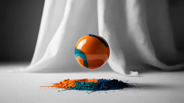 A glossy orange and teal patterned sphere hovering above colorful powder.