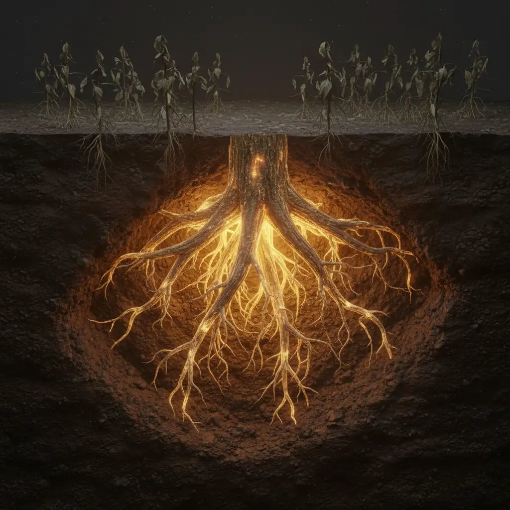 Glowing golden root system symbolizing practical shift from toxic hustle