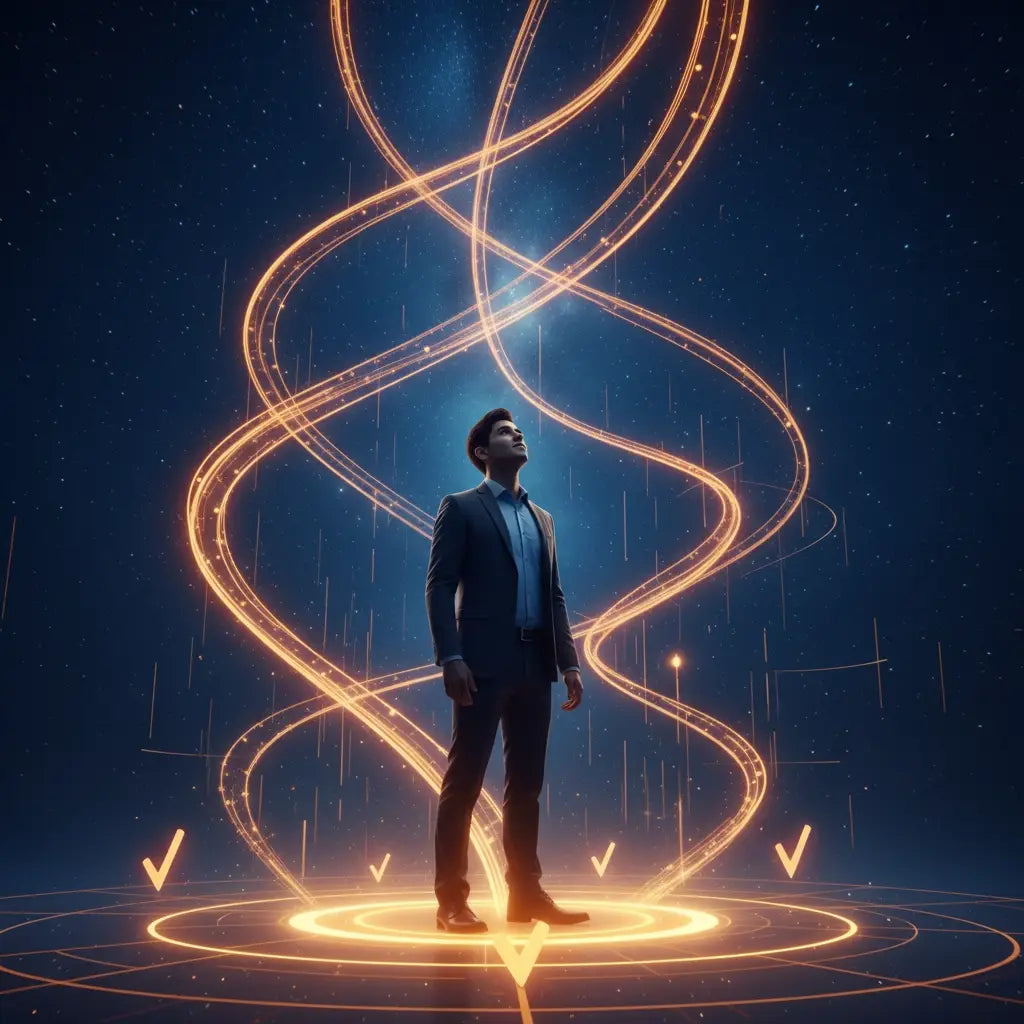 Futuristic golden spiral staircase for faith-based goal setting