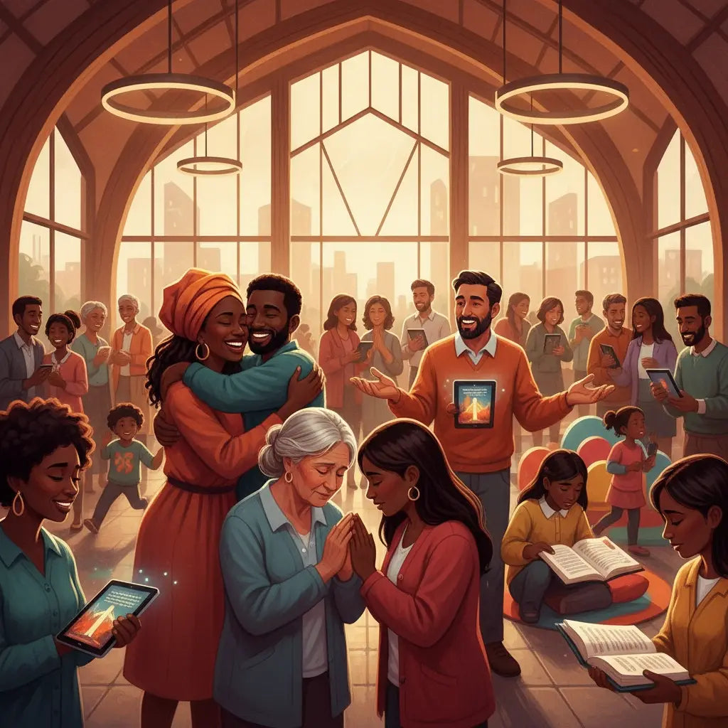 Golden tablet with glowing screen illuminating real community in spiritual lives