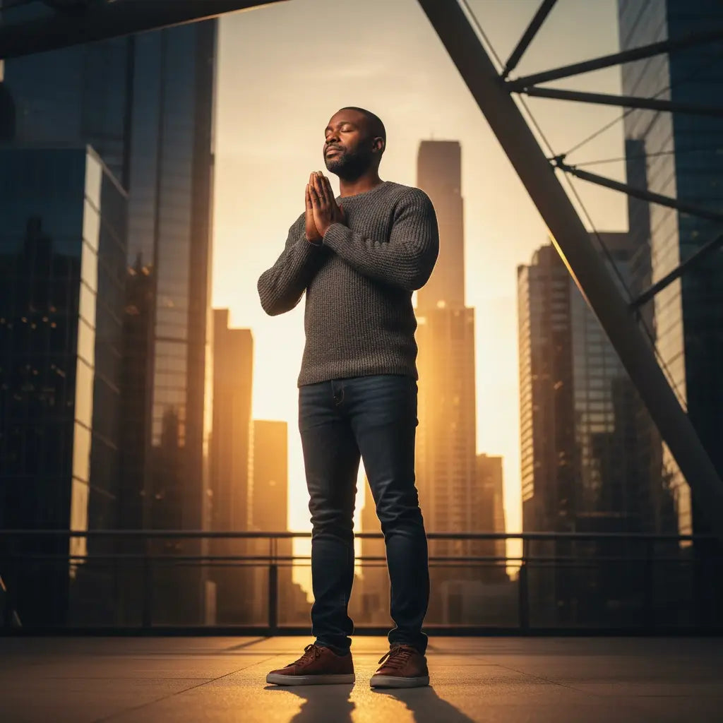 Man in grey sweater, dark jeans, brown sneakers embodying avodah dynamics