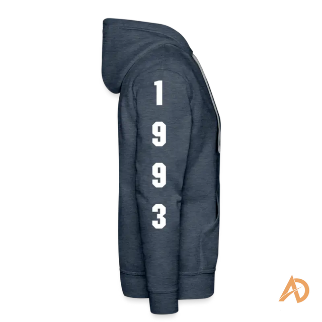 Navy blue dedication pullover hoodie featuring 1993 on the sleeve, embodying hustle culture