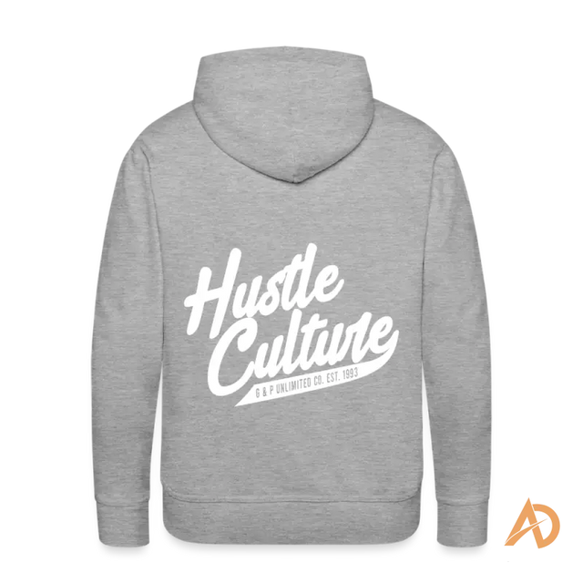 Grey premium hoodie featuring white Hustle Culture text on the back