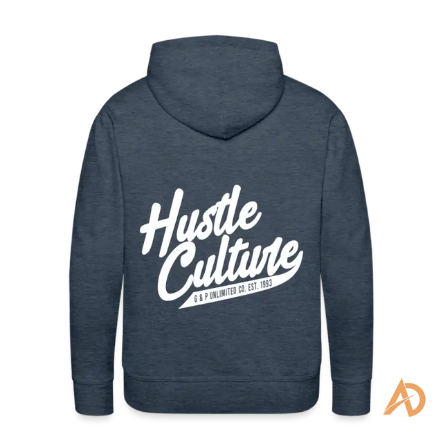 Navy blue premium hoodie featuring white Hustle Culture text on the back