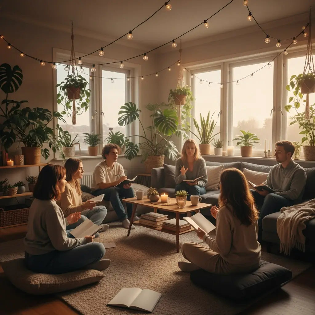 Group of friends engaging in a book club on spiritual practices for mental health in a plant-filled living room