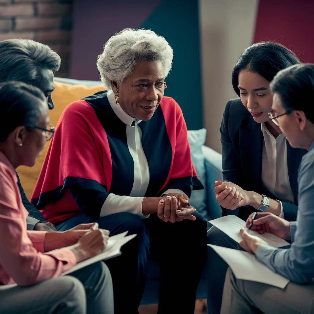 Group discussing mental health strategies in a vibrant work environment.