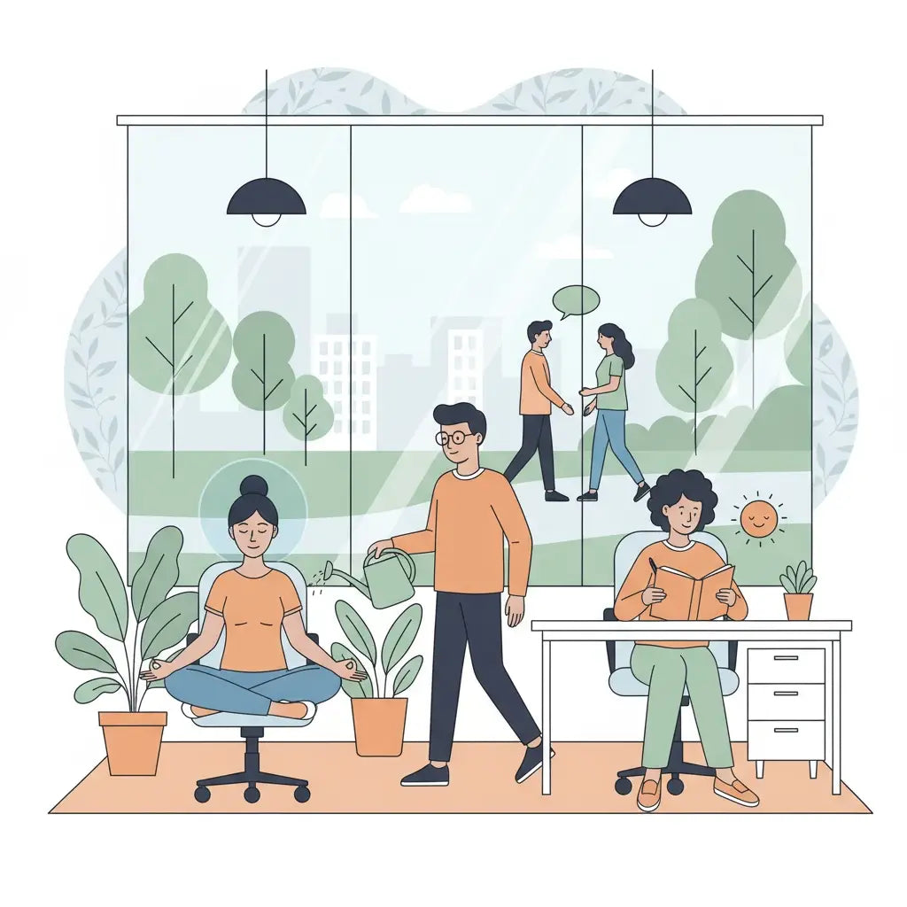 Gen Z professionals engaging in wellness activities promoting spiritual practices and mental health in a modern office