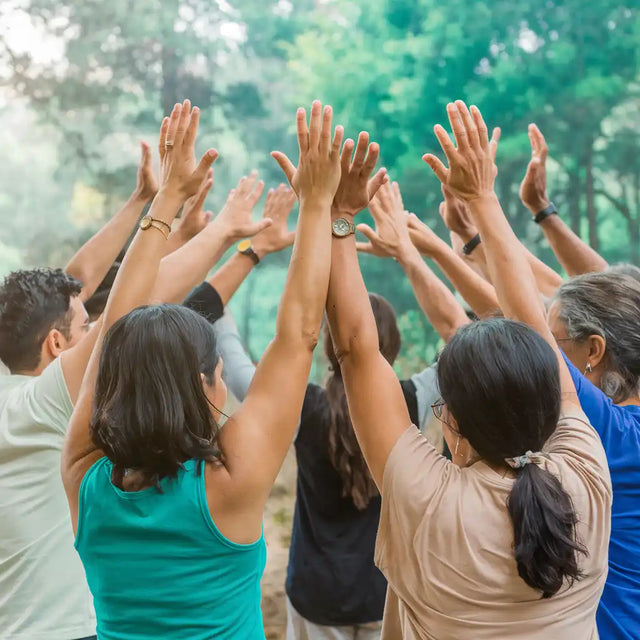 A group of people raising their hands together in unison.