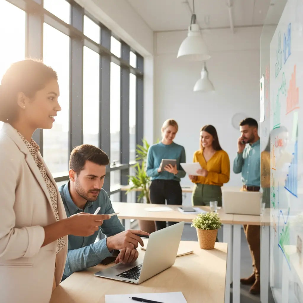 Young professionals collaborating in a modern office during Monday morning anticipation for purpose