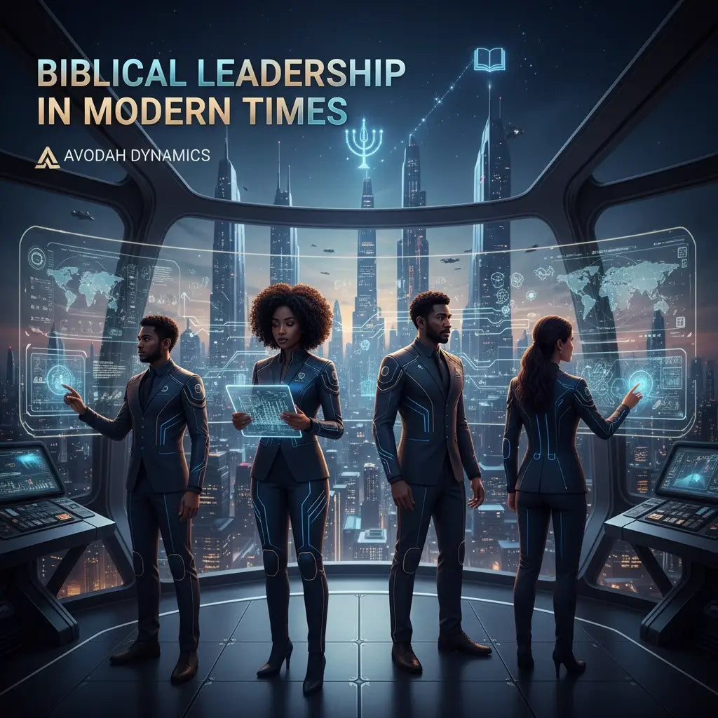 Futuristic blue suit with holographic elements for biblical leadership